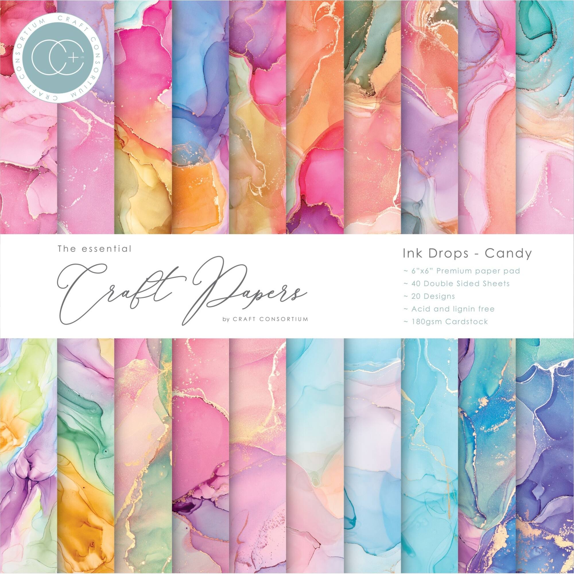Craft Consortium Ink Drops Candy Double-Sided Paper Pad, 6" x 6"